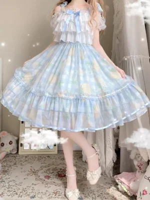 Blue floral sweet lolita jumper dress with checkered base and yellow florals, off-shoulder ruffled design, full-body oblique view on model wearing white bow high heels