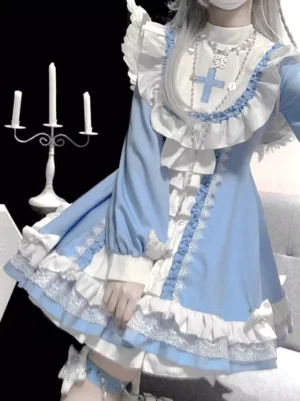 Blue gothic lolita nun dress with cross chest emblem and ruffled collar, front close-up view with white candelabra decoration