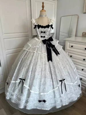 Blue gray gothic lolita wedding dress rear view mannequin display velvet bows jacquard fabric layered tulle skirt train