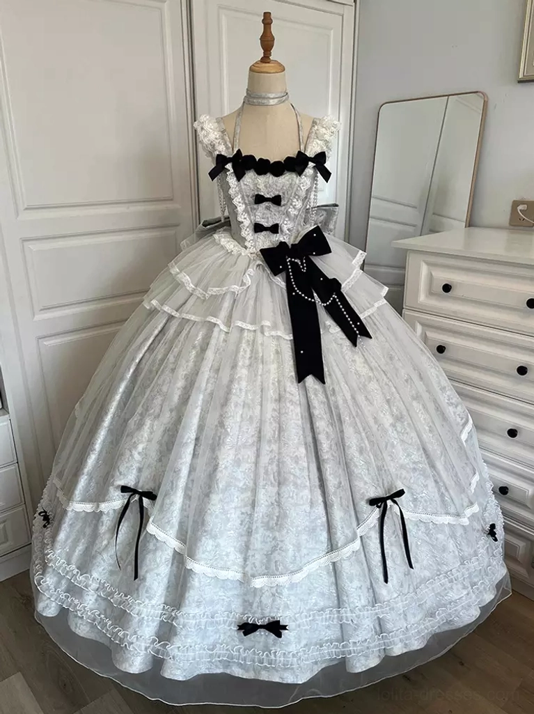 Blue gray gothic lolita wedding dress rear view mannequin display velvet bows jacquard fabric layered tulle skirt train