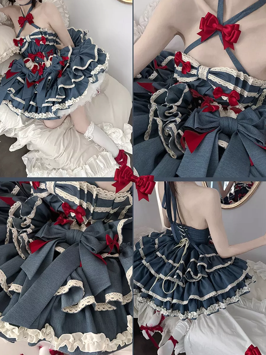 Blue halter sweet lolita dress full length product shot showcasing complete design red bows layered ruffle and lace details