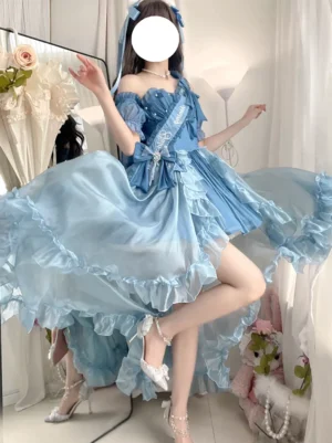 Blue off-shoulder Hime sweet lolita dress with detachable bow train and high-low ruffled organza hemline, side-front mirror view showcasing flowing skirt design and bow embellishments