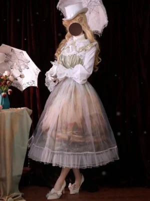 Blue long-sleeve lolita dress with landscape print skirt and ruffled chiffon hemline, full body front view, sheer tulle overlay with top hat and parasol styling