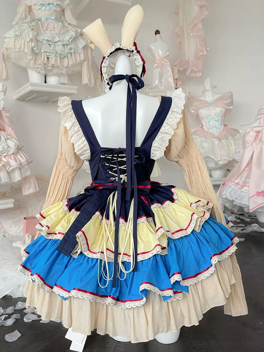 Blue lolita dress back view showing lace-up back design, tiered ruffled construction, and authentic maid aesthetic with precision layering