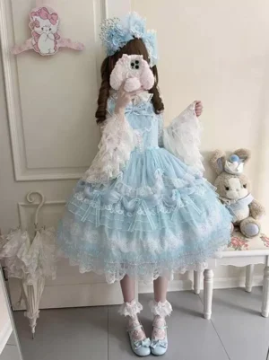 Blue sleeveless lolita dress full body mirror selfie displaying complete coordinate with lace arm covers blue shoes white socks and headwear
