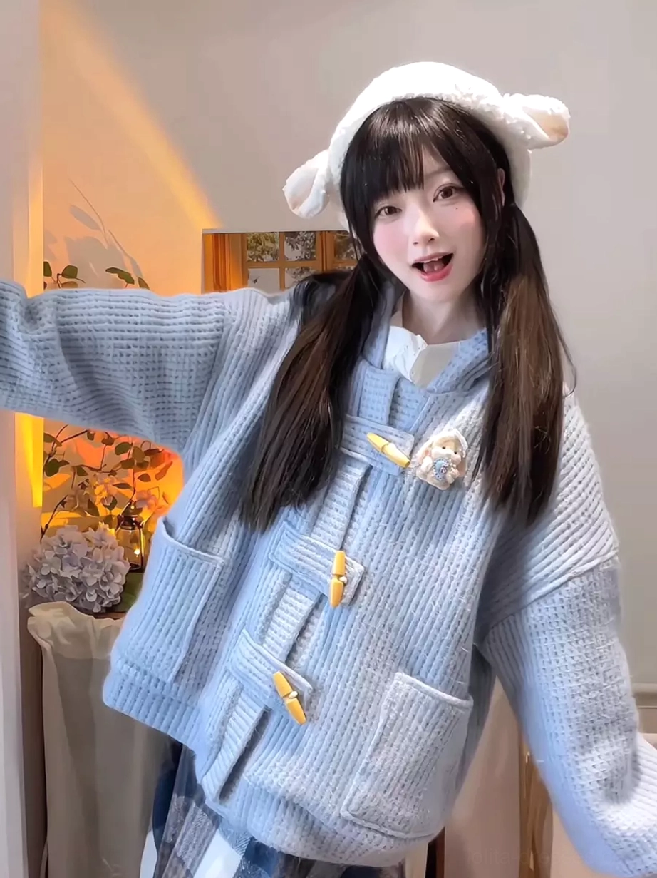 powder blue sweet lolita toggle coat loose fit with horn buttons large patch pockets full body front view with lamb ear hat