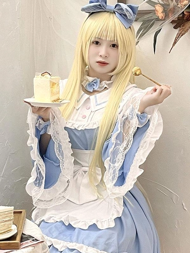 Blue maid lolita dress half-body view lace bell sleeves white apron blue rose neck ornament girl holding dessert tray
