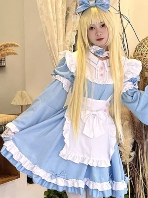 Light sky blue maid lolita dress long sleeves front full-body view on blonde model with blue bow and frilly white collar indoor home setting