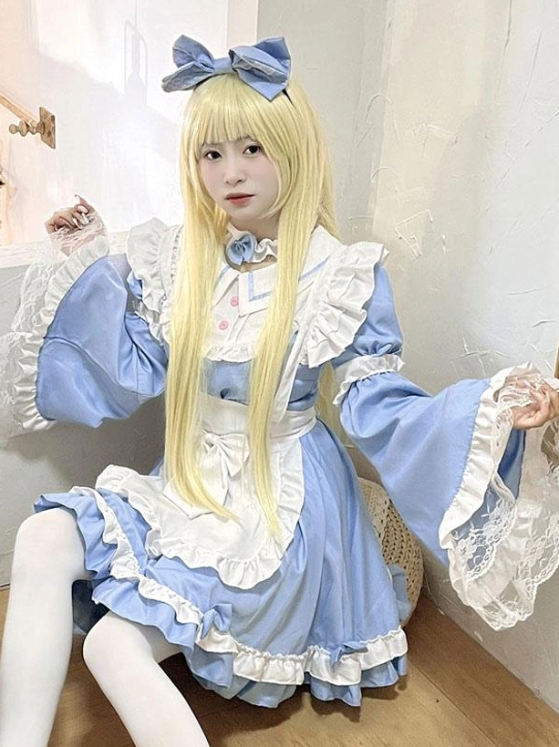 Blue sweet maid lolita dress front sitting position lace trimmed cuffs pink collar buttons white stockings simple backdrop