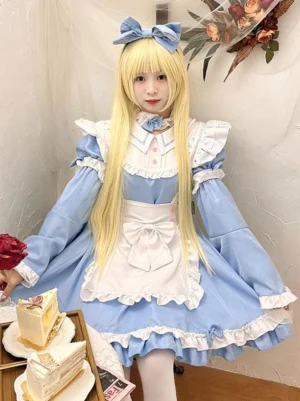 Light sky blue sweet maid lolita dress with blue bow choker white stockings ruffled cuffs dessert display afternoon tea scene