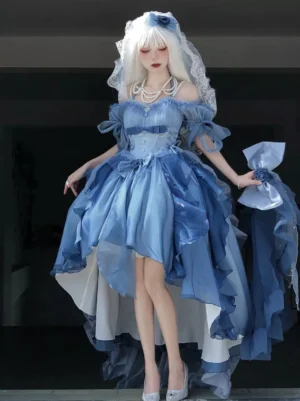 Blue off-the-shoulder fairy lolita wedding dress front full-body view with high-low ruffled silk-organza skirt and white bridal veil