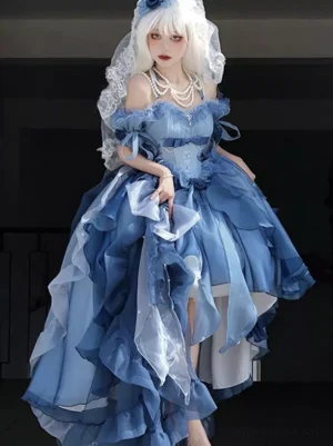 Blue off-shoulder prom lolita dress three-quarter angle view corset-style bodice layered ruffled skirt pearl necklace bridal veil
