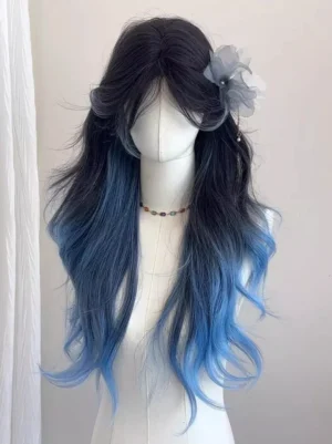 Center-parted blue ombre Lolita wig direct front view with flower hairpin and beaded necklace styling