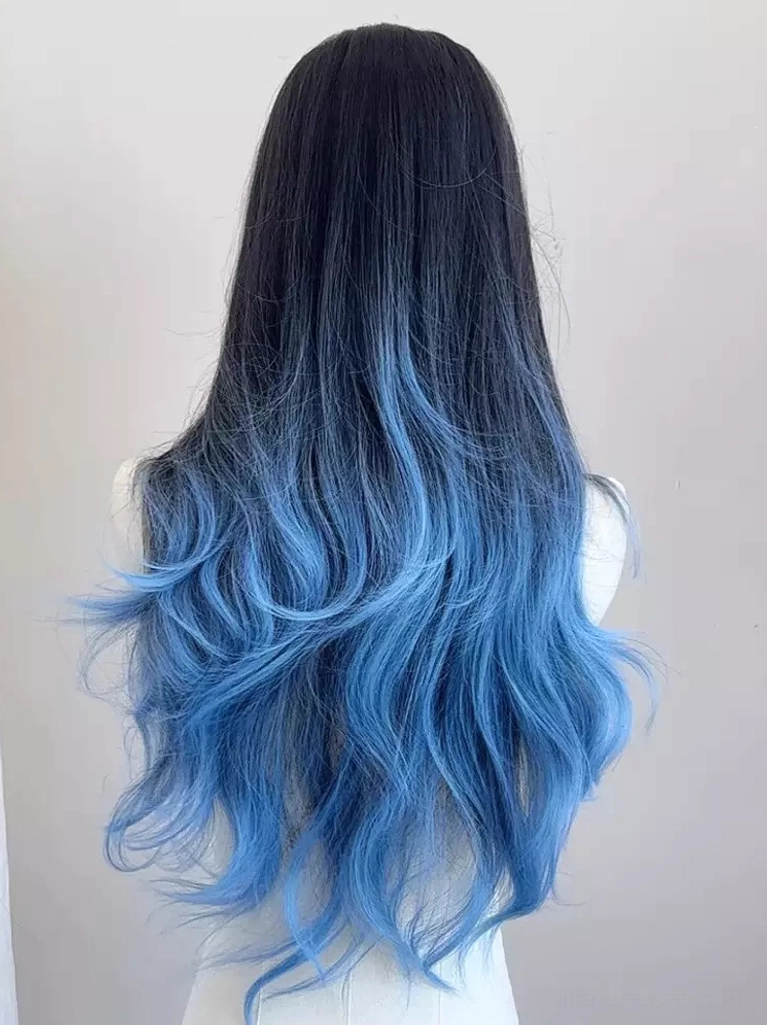 Full back view of long wavy blue ombre Lolita wig showing hair length and texture