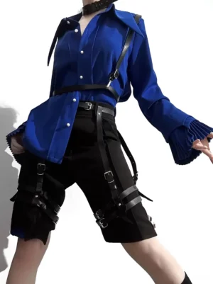 Blue Gothic Ouji Lolita shirt with ruffled pleated cuffs and black leather harness belt coordinate side-front shooting angle detail view
