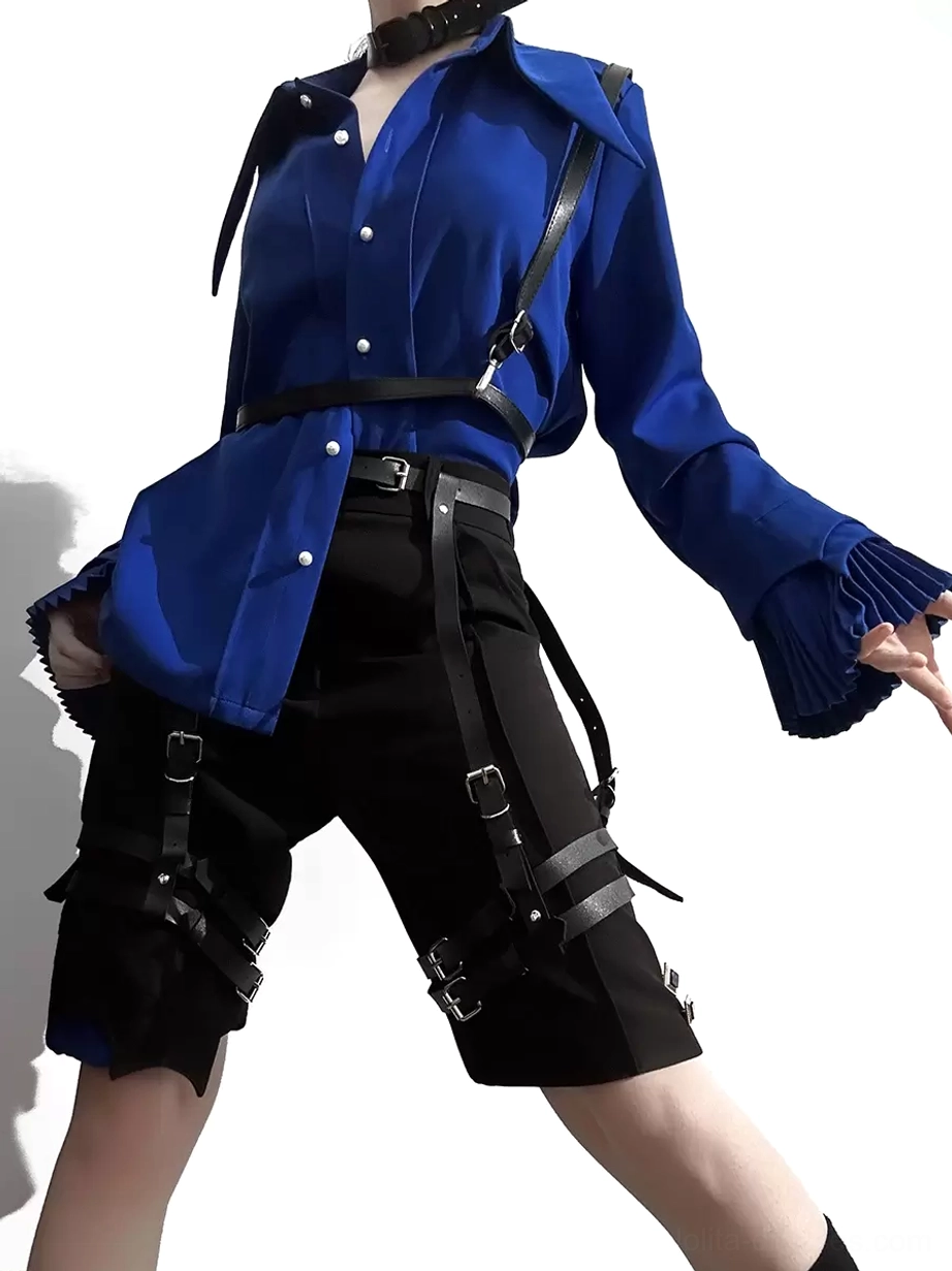 Blue Gothic Ouji Lolita shirt with ruffled pleated cuffs and black leather harness belt coordinate side-front shooting angle detail view