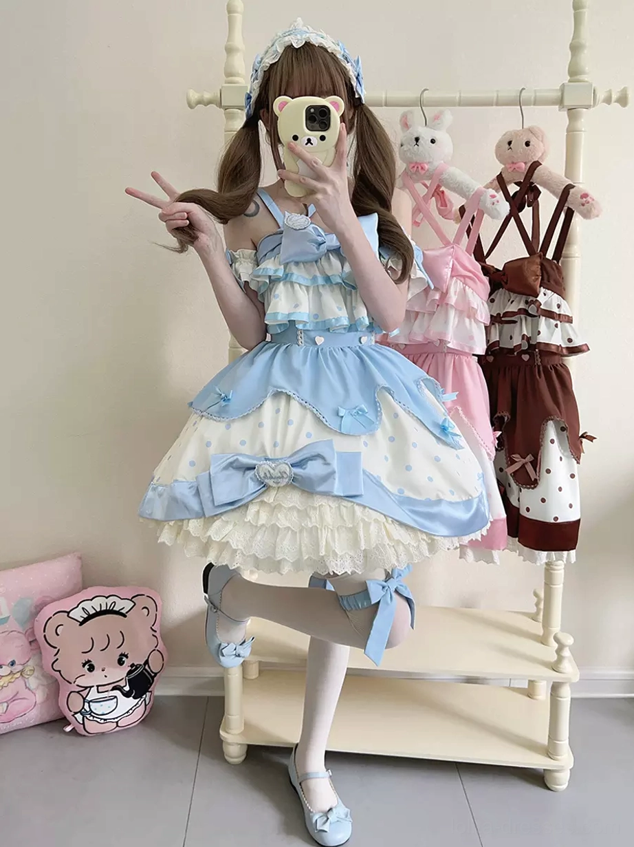 Blue and white polka dot sweet lolita dress side-front view with matching blue flat shoes, lace ruffled skirt, and blue hair headband coordinate
