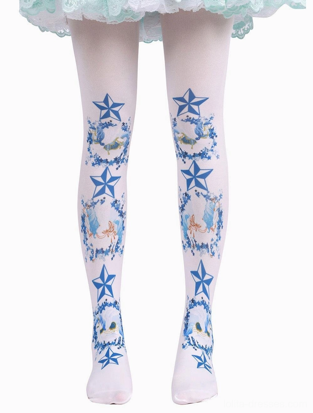 Blue printed Lolita socks with pentagram stars and fairy tale prints worn with mint green lace Lolita skirt front view both legs