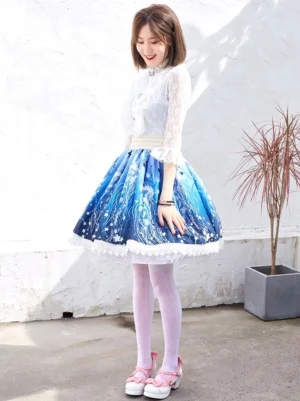 Blue starfish print lolita skirt side profile view with beige waistband pink platform shoes white stockings
