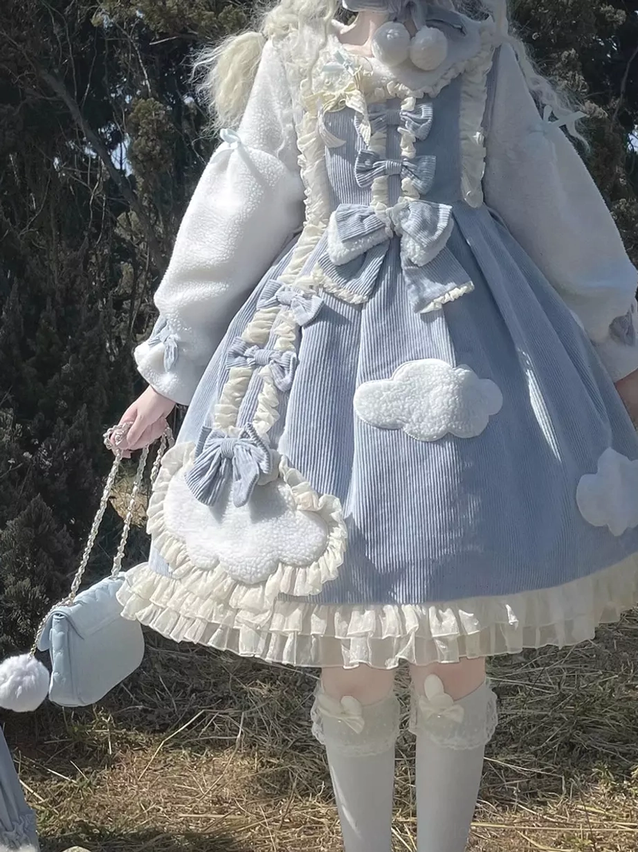 Blue lolita dress back side shot model outdoor woods bow trims cloud appliques matching mini bag