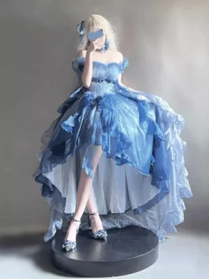 Blonde doll model wearing blue off-shoulder lolita gown with layered ruffled skirt and sparkly ankle-strap heels display stand