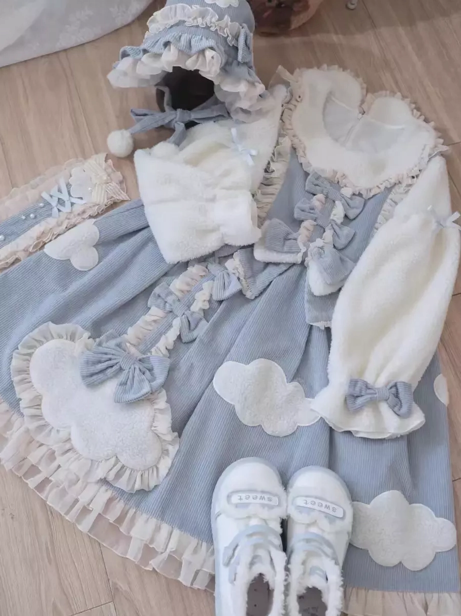 Blue lolita dress set with cloud appliques matching headwear white shoes flat lay coordinate display