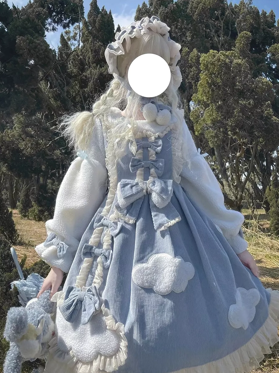 Blue sweet lolita long sleeve dress with cloud appliques bows matching headpiece model full front outdoor woodland