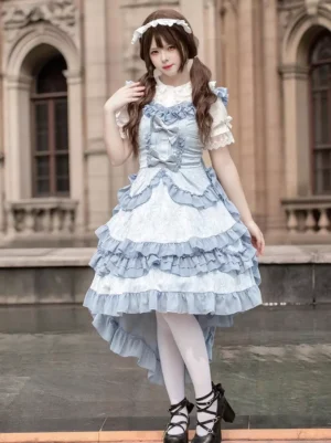 Blue and white gothic lolita JSK dress with jacquard pattern and tiered ruffles front view