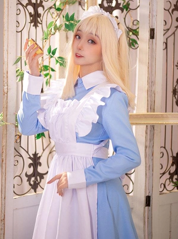 Blue and white maid lolita dress half side front view with headwear ruffled apron waist belt long sleeves