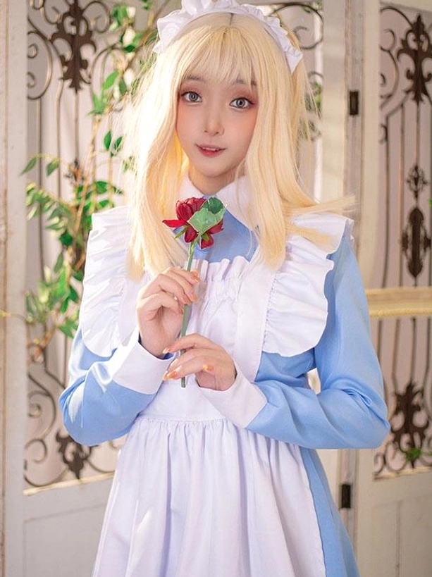 Blue and white maid lolita dress with headband ruffled shoulder apron holding red rose vintage decor