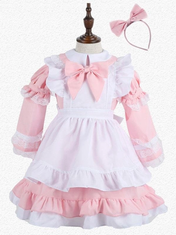 Blue and white maid lolita op dress displayed on mannequin featuring lace-trimmed long puffed sleeves, front decorative bow, layered ruffled hem, white apron accent and blue bow headband