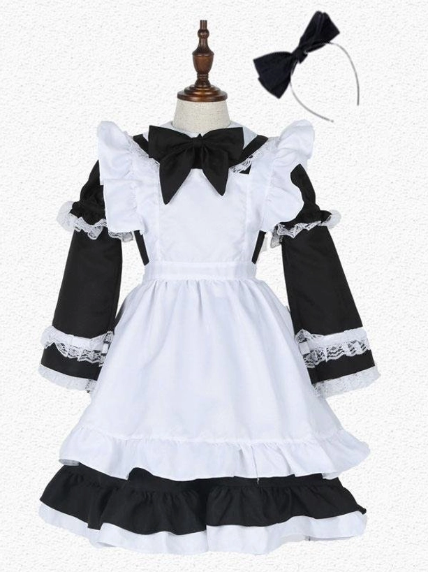 Blue and white maid lolita dress featuring puffed long sleeves, lace trim accents, back big bow and layered ruffled skirt shown on female adult models with blue hair bows