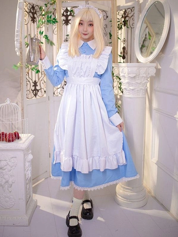 Blue and white maid lolita dress full length front view with ruffled apron and scalloped skirt hem