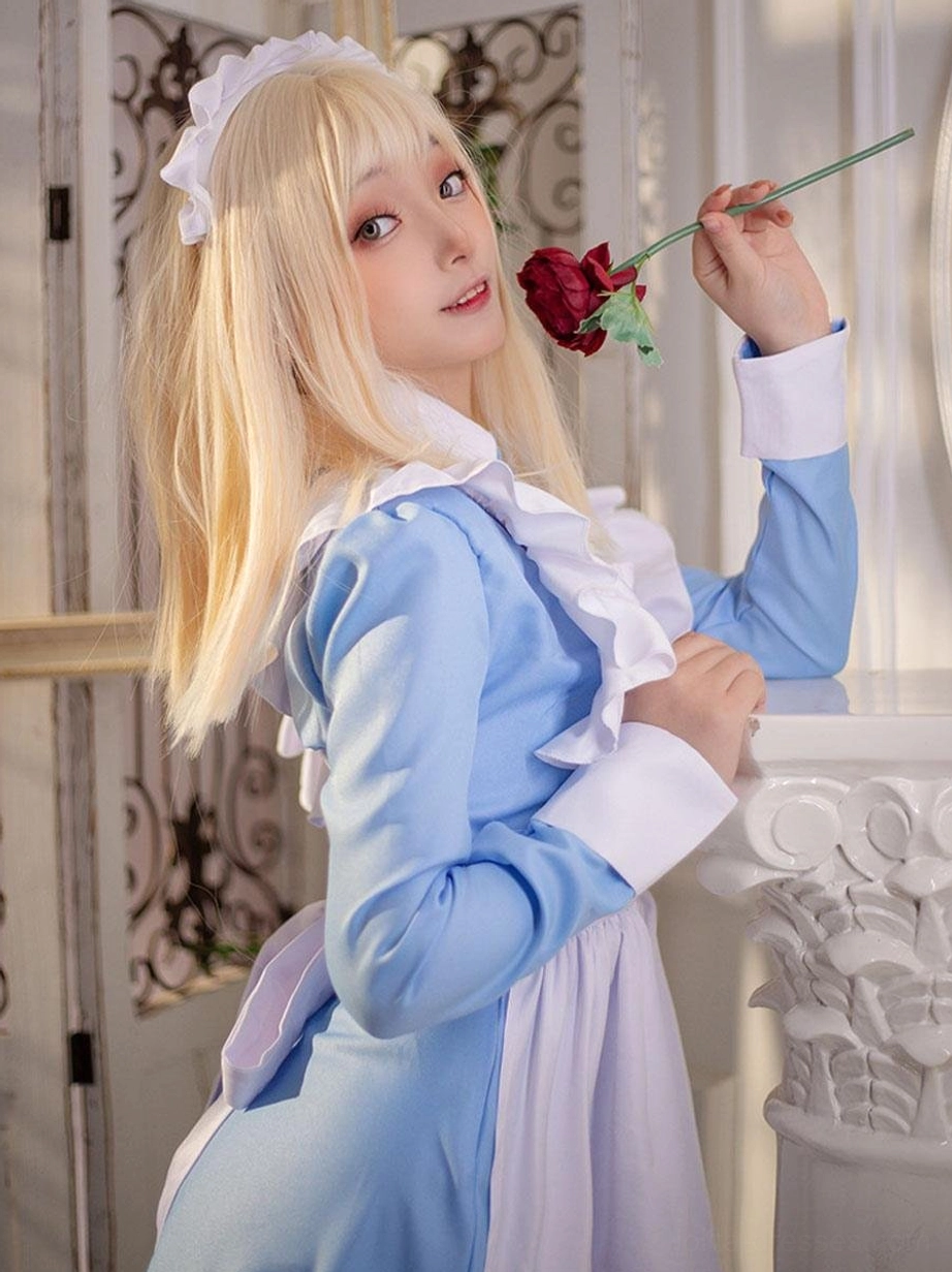 Blue and white maid lolita dress side-back angle view with long sleeves ruffled apron holding rose prop