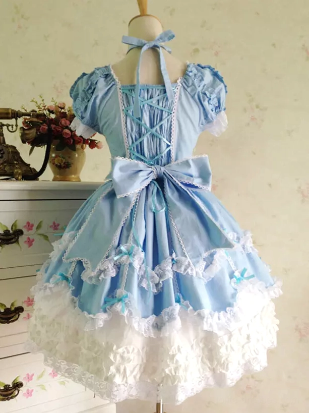 Blue and white rococo lolita jumper skirt back view lace-up back design big waist bow layered ruffles