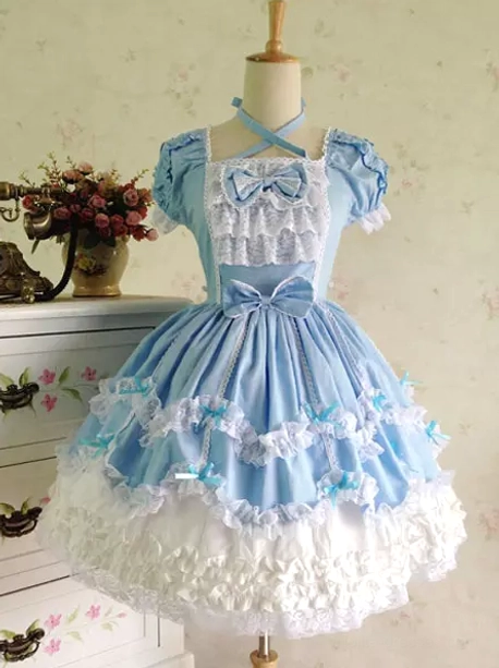 Blue and white rococo lolita jumper skirt cross halter neck lace ruffles waist bow scalloped hem