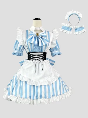 Blue and white striped sweet maid lolita dress with matching headwear displayed on dress form showing front and back angles with ruffled apron and corset waist straps