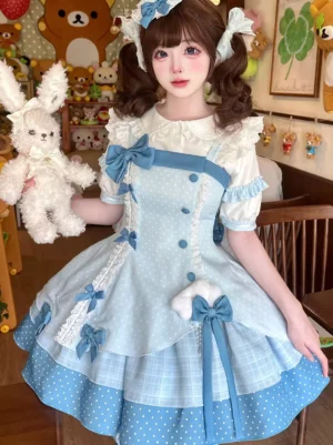 Blue and white sweet lolita dress set complete ensemble with matching hat, featuring polka dot layered skirt, short ruffled sleeves, lace trim, and blue bow accents - front full body view