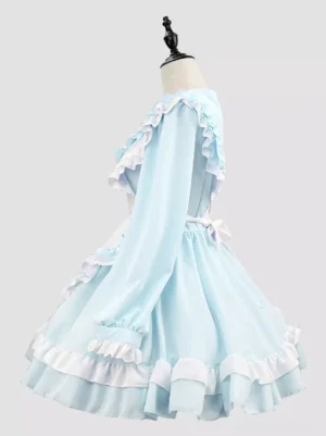 Blue and white sweet maid lolita dress left side view displaying ruffled long sleeves side tie and white frilled hem details