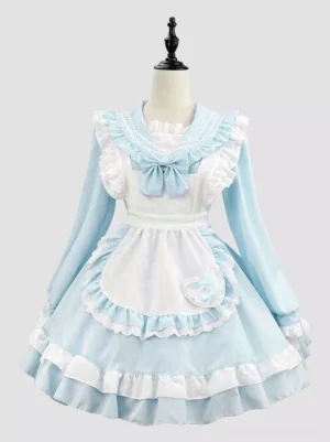 Blue and white sweet maid lolita dress front view on dress form showing ruffled sailor collar bow apron and layered frilled skirt