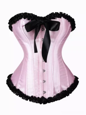Blush pink satin underbust corset with cascading black ruffled trim, front view featuring black decorative bow and metal button row closure