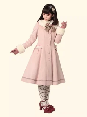 Blush pink Lolita wool midi overcoat with white faux fur collar, single-breasted design, cinched waist, and decorative bow, modeled on Lolita fashion girl with matching accessories