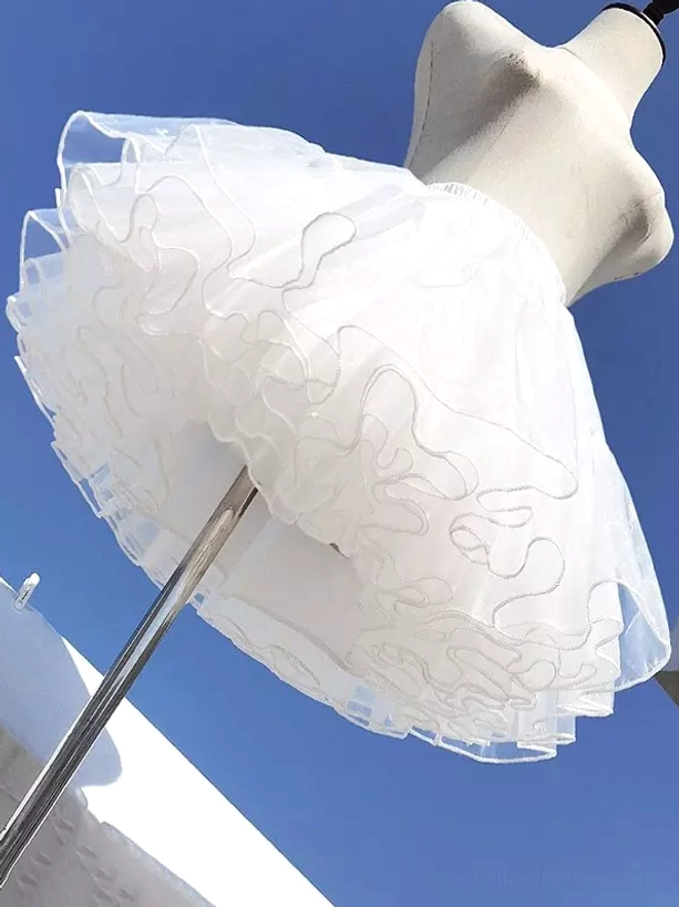 Boneless soft tulle mini petticoat white lolita underskirt side view showing fluffy ruffled silhouette on dress form mannequin