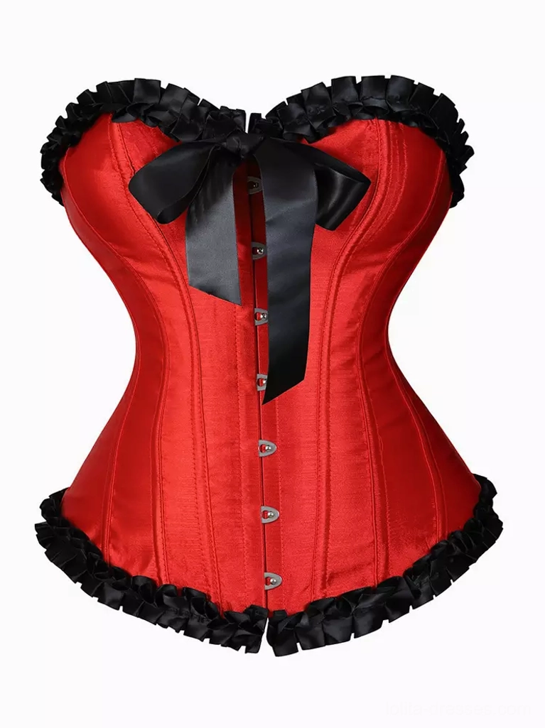 Bright red satin underbust corset with theatrical cascading ruffles and black trim, front view with decorative bow and structured silhouette