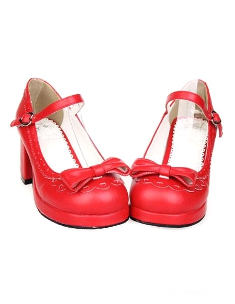 Bright red sweet lolita chunky heel mary jane shoes with bow decoration and ankle buckle strap front view