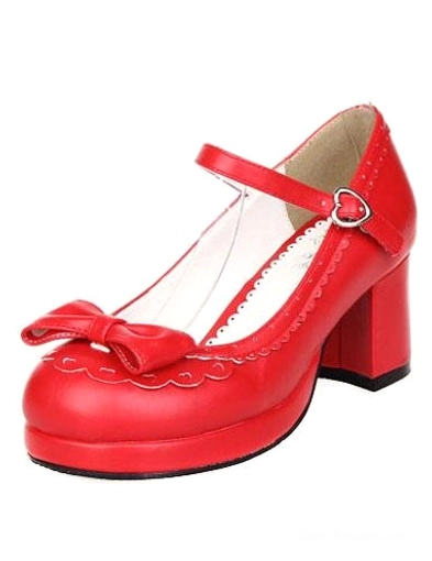 Bright red lolita chunky heel mary jane shoes single shoe side oblique view showing thick block heel and buckle