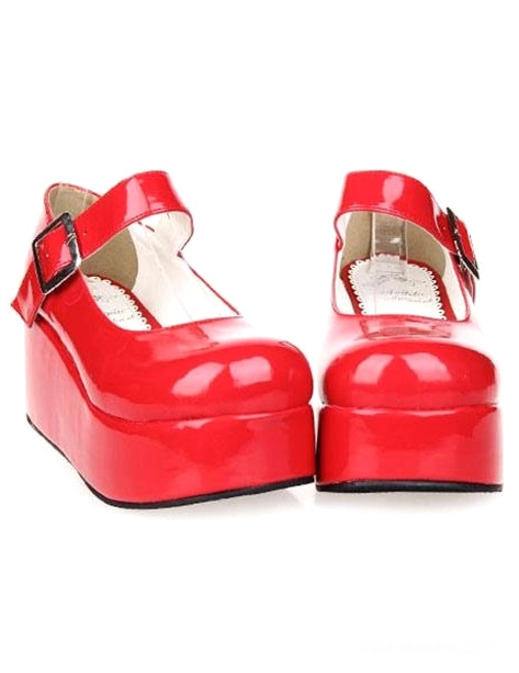 Bright red glossy patent leather Sweet Lolita platform Mary Jane shoes flat front view paired metal ankle buckle straps