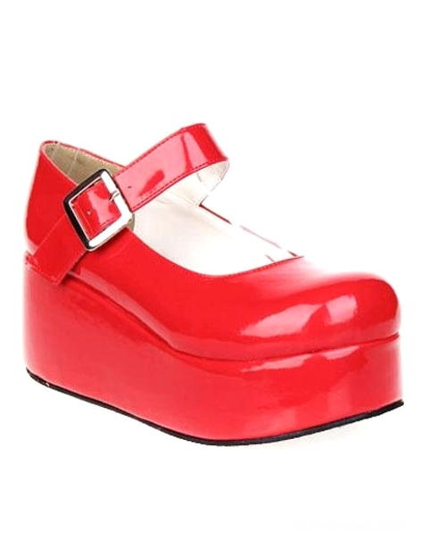 Bright red glossy Lolita platform Mary Jane shoes side front angle thick platform sole round toe