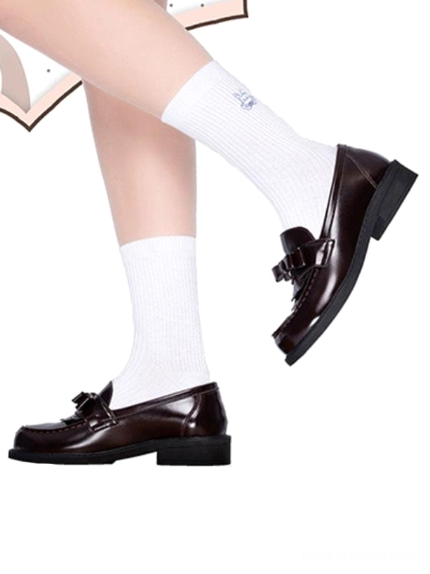 Brown leather bow loafer side profile single leg white crew socks, low flat heel shiny leather academic lolita shoe
