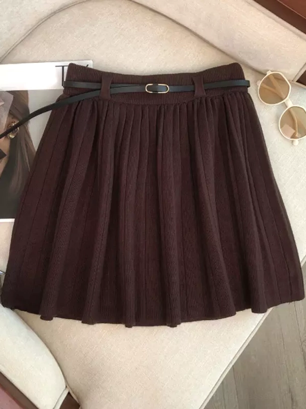Dark chocolate brown ribbed pleated mini lolita skirt with metal buckle belt and vertical pleats showcasing classic style